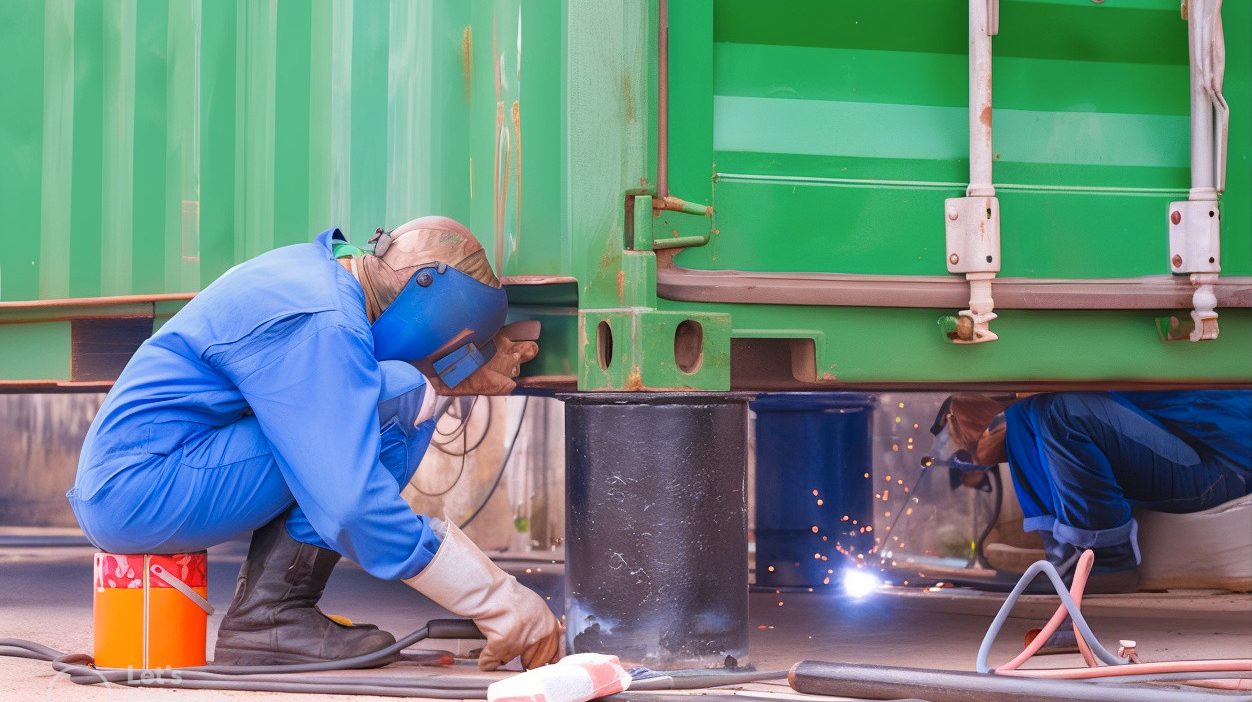 2-welders-welding-metal-foundation-old-container-that-have-been-renovated-outdoor-office